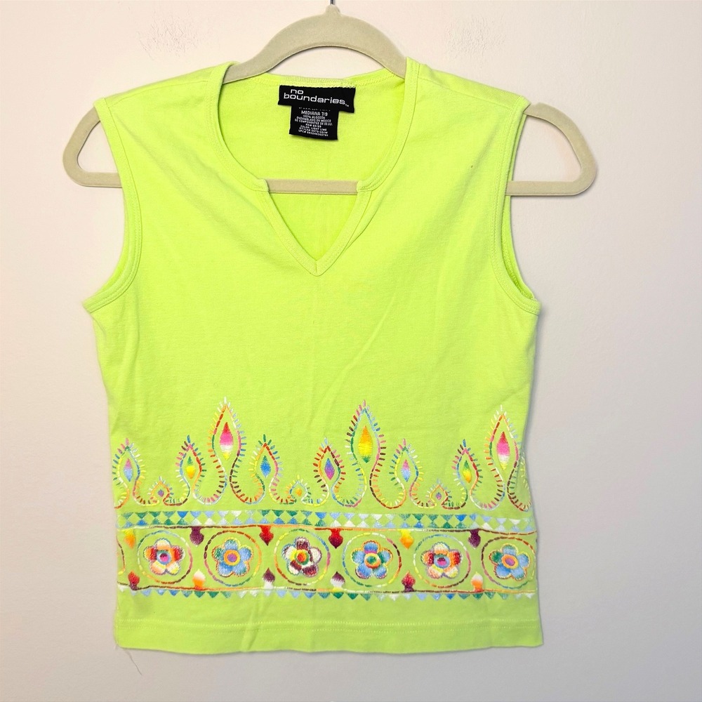 VTG Y2K No Boundaries Sleeveless Green Top Babydoll Blouse Floral Colors SZ XS